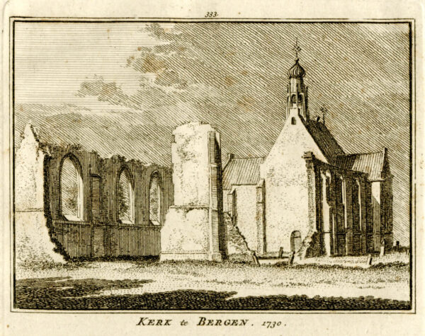 De kerk in Bergen in 1730, uit 'Het verheerlykt Nederland...', afb. 1