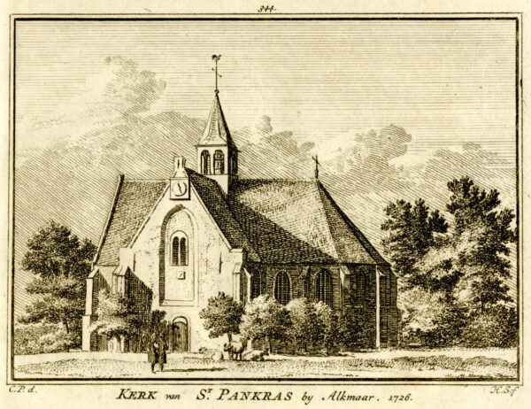 De kerk van Sint Pancras in 1726, uit 'Het verheerlykt Nederland...', afb. 1