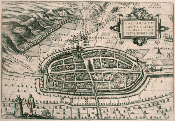Vogelvlucht aanzicht van de stad Kalkar, uit Civitates Orbis Terrarum (1635 editie), van Frans Hogenberg, zijn zoon Abraham en Georg Braun, afb. 1