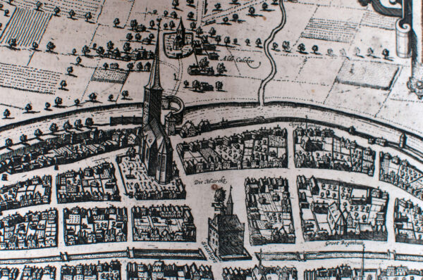 Vogelvlucht aanzicht van de stad Kalkar, uit Civitates Orbis Terrarum (1635 editie), van Frans Hogenberg, zijn zoon Abraham en Georg Braun, afb. 7