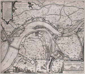 Vogelvluchtaanzicht van de belegering van Schenkenschanz uit "Toonneel der steden van de Vereenighde Nederlanden' van Joan Blaeu (1652).
