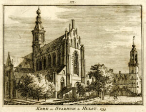 Kerk en stadhuis van Hulst in 1739, uit 'Het verheerlykt Nederland...', afb.1