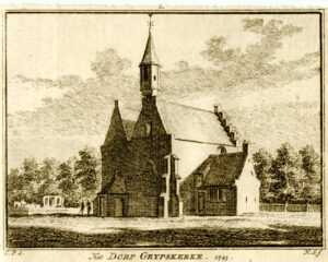 Het stadhuis van Grijpskerke in 1743, uit 'Het verheerlykt Nederland...', afb.1