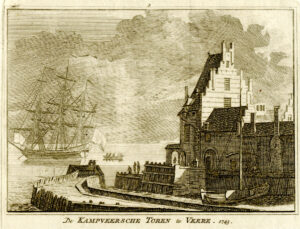 Campveerse Toren in Veere, in 1743, uit 'Het verheerlykt Nederland...', afb. 1