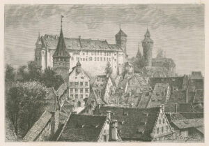 Gezicht op Nürnberg en haar kasteel, houtgravure naar een tekening van Hubert Clerget, afb.1