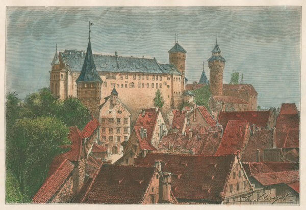 Gezicht op Nürnberg en haar kasteel, houtgravure naar een tekening van Hubert Clerget, afb.1