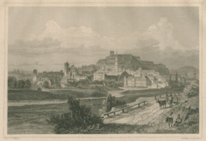 Aanzicht van Kłodzko, in Polen, tekening door C.Würbs en staalgravure door G.M.Kurz, Afb.1